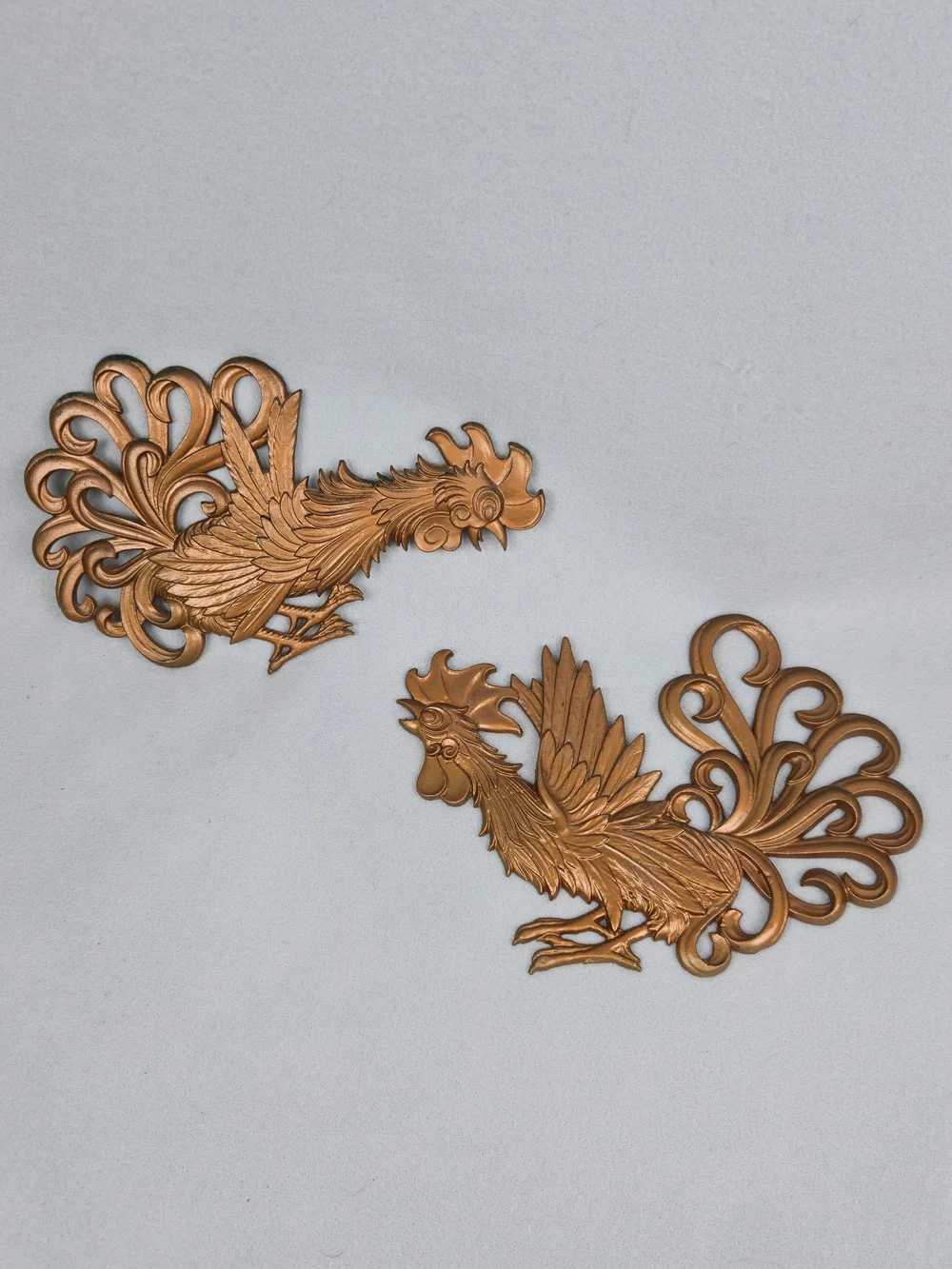 Vintage Copper Tone Metal Rooster Wall Plaques Pair MCM Farmhouse Decor